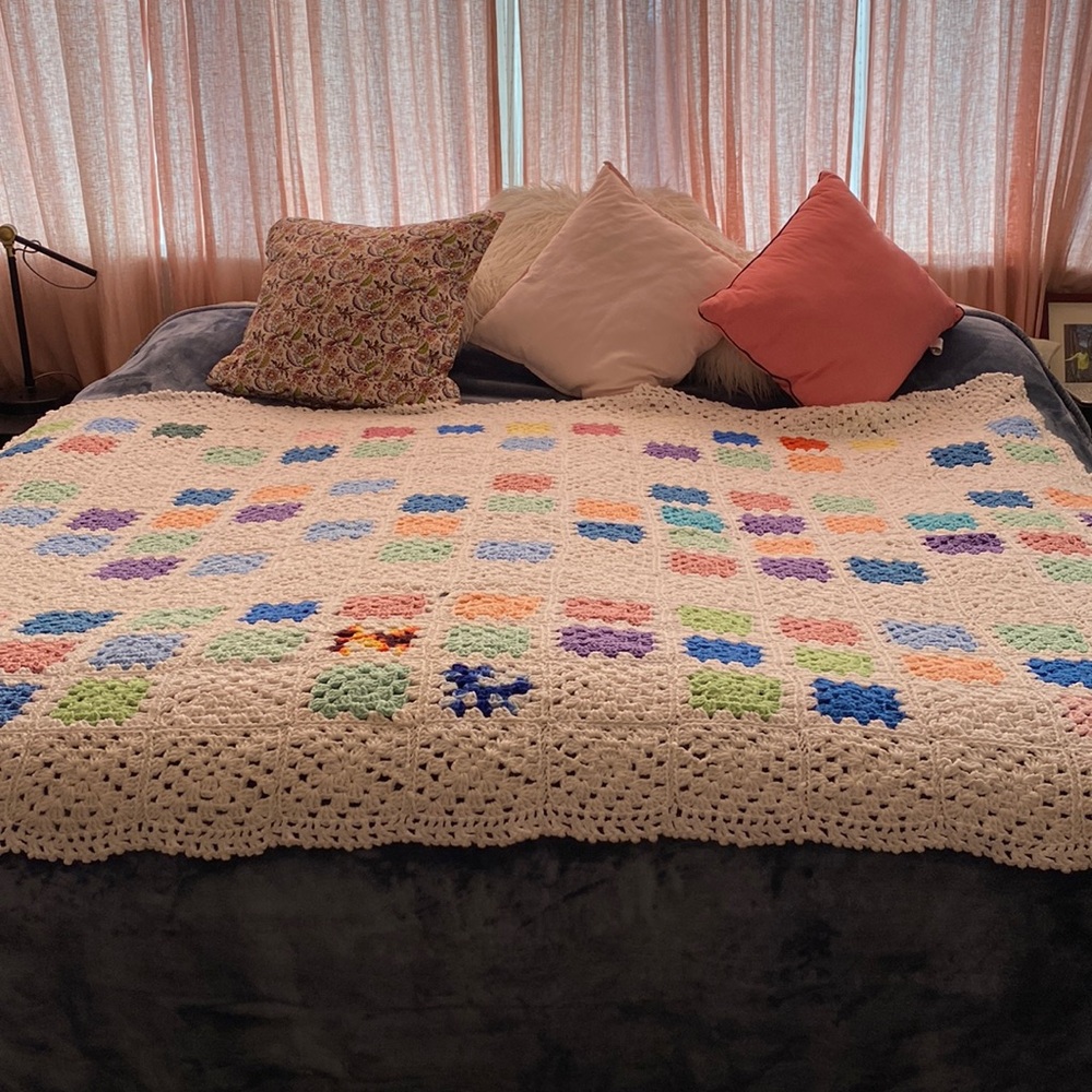 Beautiful Handmade Multicolored Crocheted Granny Square Afghan